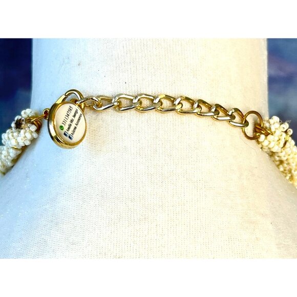 Statement Bib Necklace With White Beads Gray Crystals & Gold Chains By Ailema - Picture 5 of 8